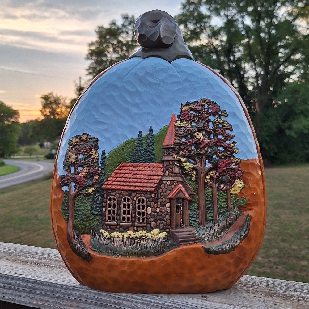 Gorgeous Hand Painted 15" Ceramic Pumpkin Fall Autumn Scene Cobblestone Church